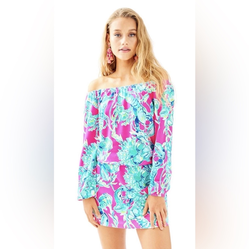 Lilly Pulitzer Pink & Aqua Floral Off-Shoulder Mini Dress